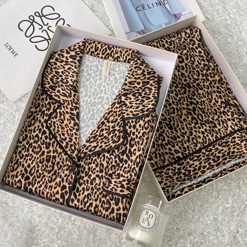 

Sexy Women's Pajamas 2Pcs Set Loungewear Leopard Print Short Sleeved Long Trouser Pijamas Suit Satin Sleepwear Homewear