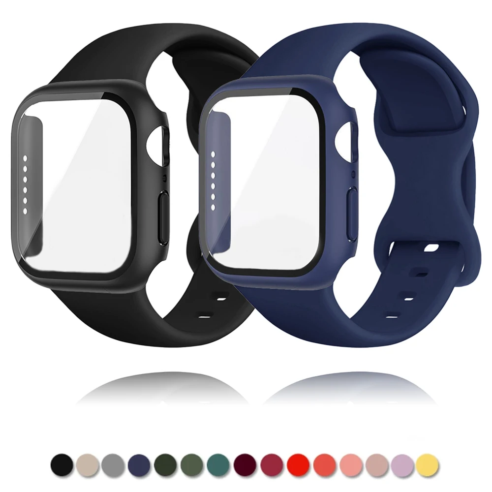 Silicone Sport Strap+Glass Case for Apple Watch band 45mm 44mm 41mm 40mm 38 42mm Bracelet Cover for iWatch Series 9 8 7 6 5 4 se