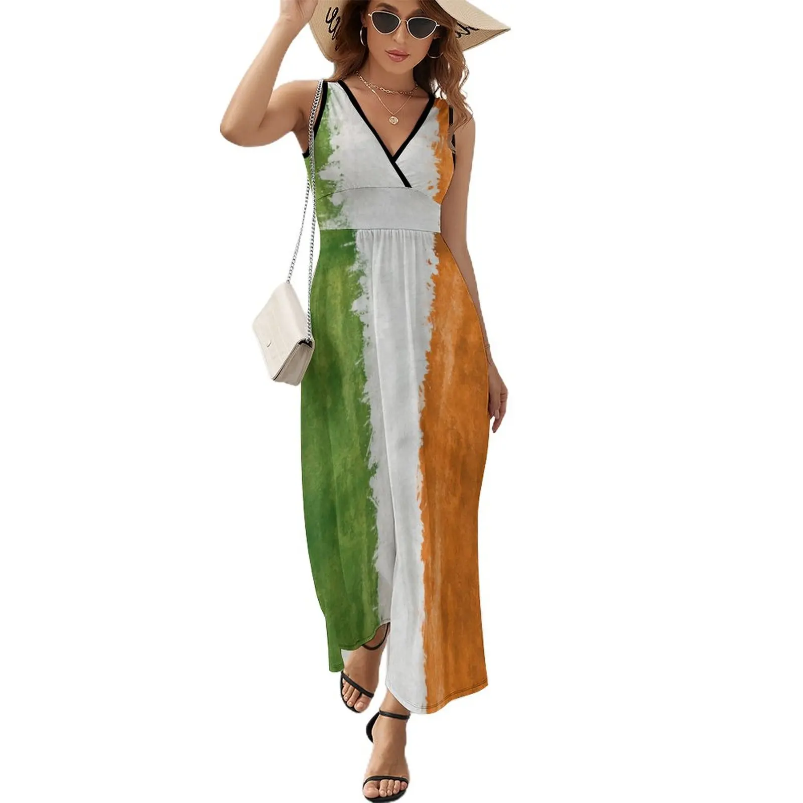 

Grunge Ireland Flag Dress LadiesElegant Maxi Dress V Neck High Waist Streetwear Design Boho Beach Long Dresses