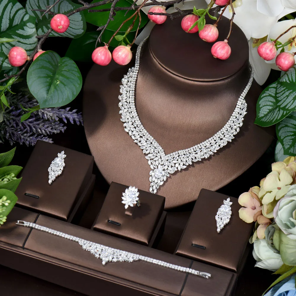 

HIBRIDE Geometric 4PCS Women Statement Necklace And Earring Big Long Drop Earring Vintage Wedding Jewelry Set For Bridal N-489