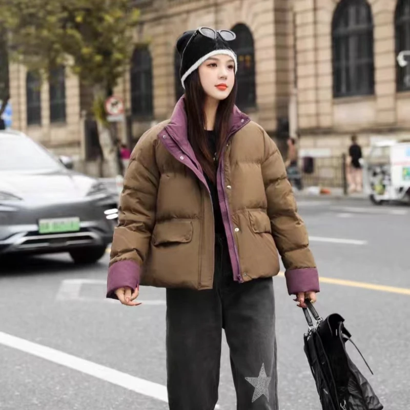 Jaqueta curta quente feminina, jaqueta de colarinho grosso, versão coreana da moda, casaco casual Parker, bateu a cor, 2024