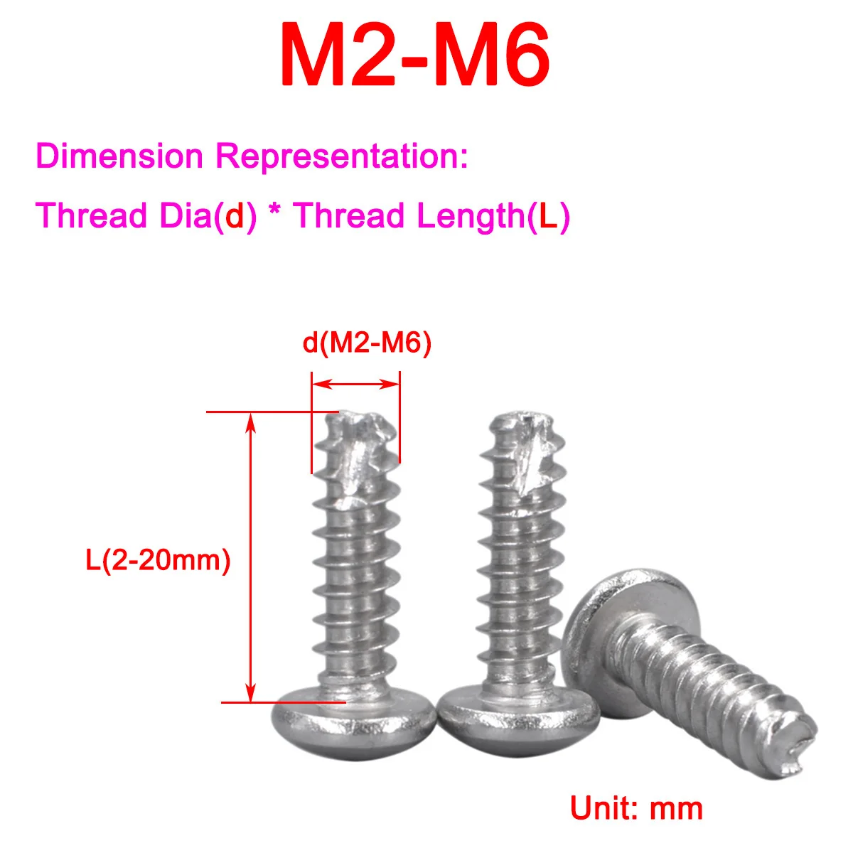 

304 Stainless Steel Cross Round Head Tail Cutting / Flat Tail Self Tapping Screw M2-M6