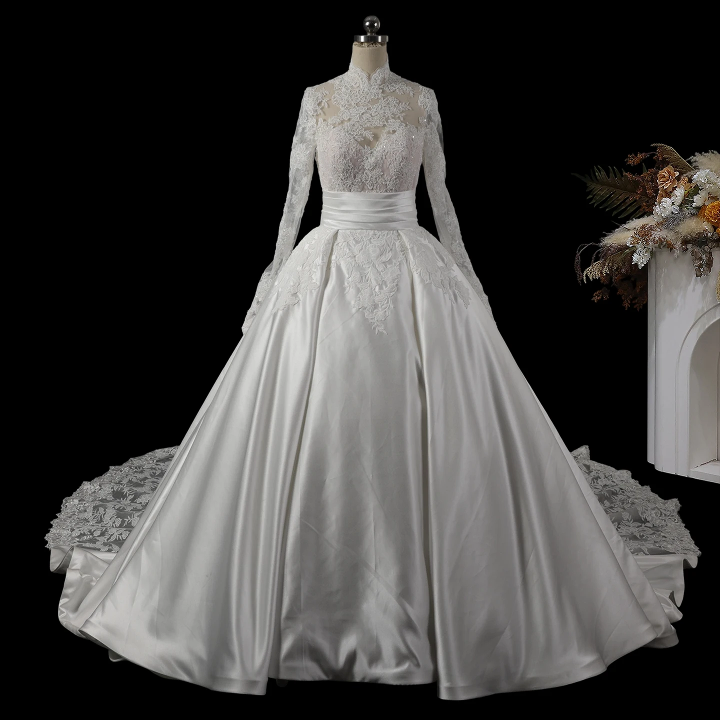 Sheer Fairy Wedding Dresses Elegant Mermaid Tulle High Neck Sheer Long Sleeves Button Dubai Luxury Bridal Gowns SW759 Customized