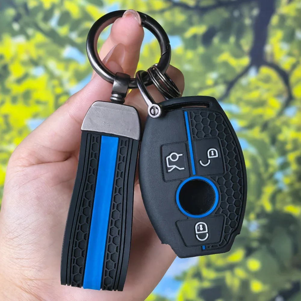Silicone Honeycomb Texture Remote Key Shell with Keychain for Mercedes Benz A B C E Class GLS GLA GLK GLC CLS CLA AMG