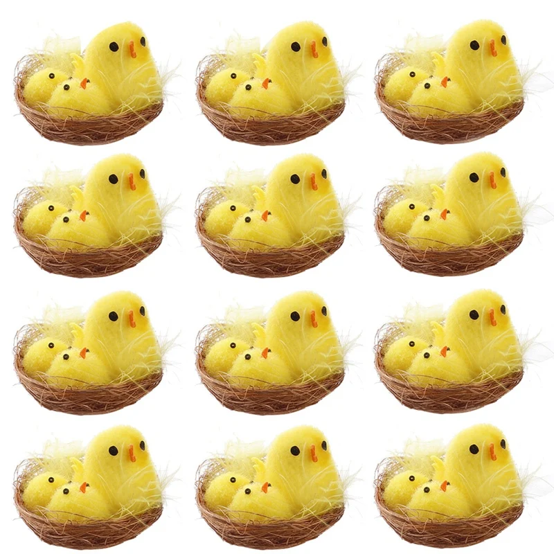 12Pcs Easter Chick Yellow Mini Lovely Artificial Home Decoration Toys Plush Chicken Easter Gift For Children