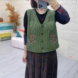 Lady Sweaters V-Neck Green Short Knit Vests for Women Embroidered Cropped Waistcoat Cardigan Classic Winter 2024 Clothing Sales