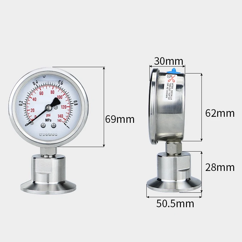 SS304 Stainless Steel Body SS316 Diaphragm Manometer Bar/psi 1.5 inch (50.5mm) 2'' (64mm) Tri Clamp Diaphragm Pressure Gauge