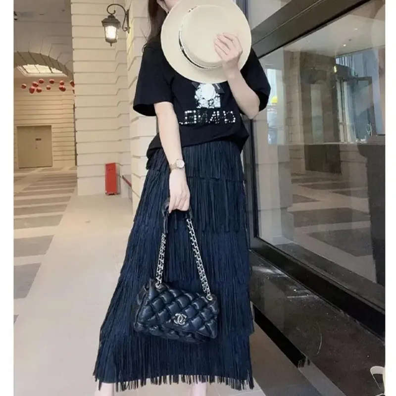 2023 New Vintage A-line High-waist Long Skirt Women Design Fringe Skirts Female Korean Fashion Tiered Skirt Elegant Solid Color