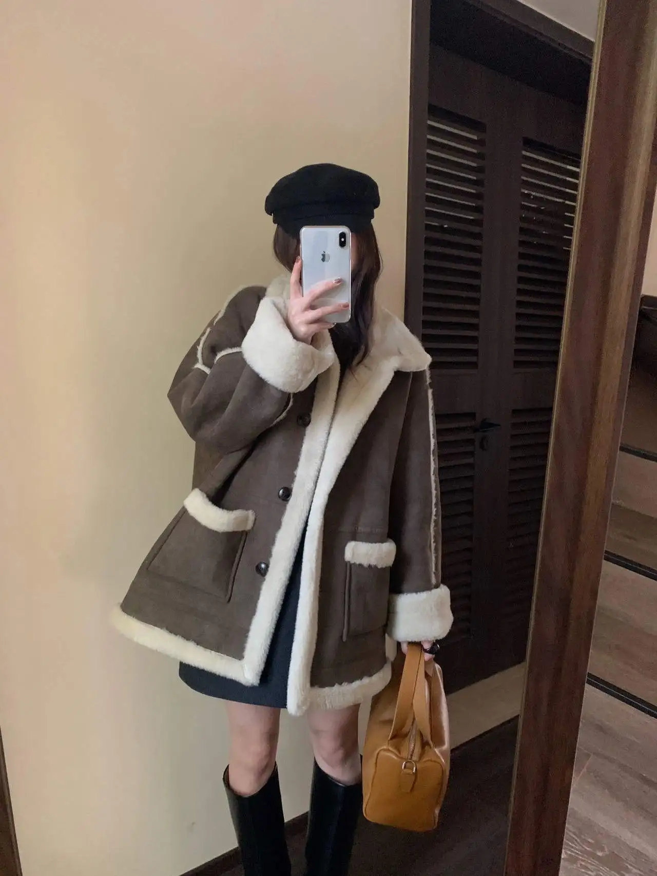 Thiened Fce 暖かさ カジュアル ルーズフィット スタンドカラー レザーとファー インテイテッド 秋冬 アウター S4404 レトロ Sle