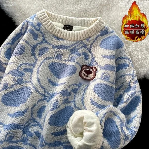 Spring Strawberry Bear Round Neck Wide Sweater Female Wine Red Sweater Autumn Winter Sweater Girl Clothes