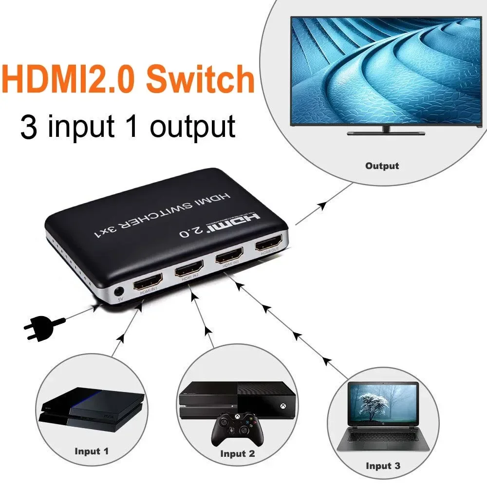 4K 60HZ HDMI Switch 3x1 HDMI2.0 Switcher Box Audio Video Converter 3 in 1 Out Display 1080p for PS4 Camera DVD PC To TV Monitor