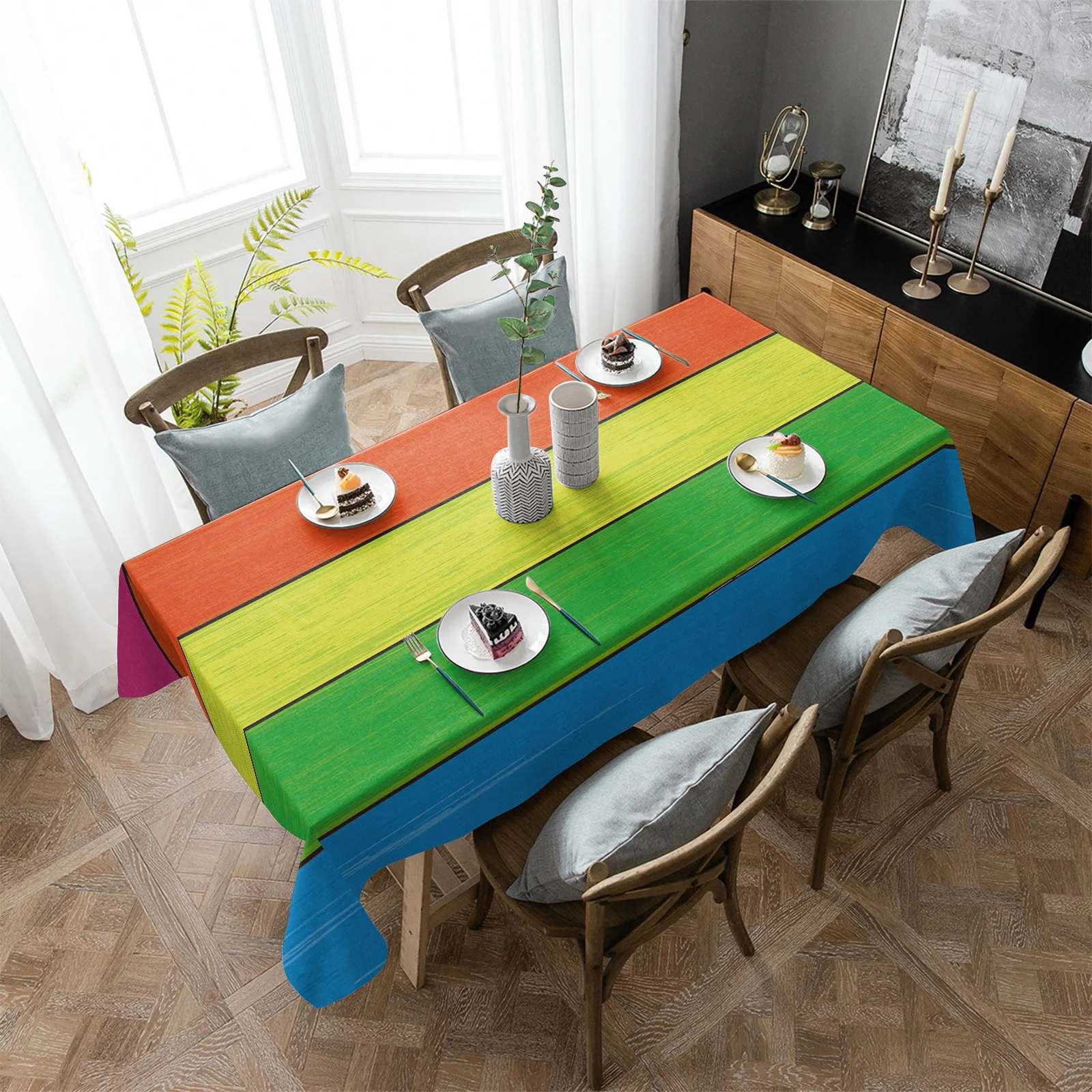 

Rainbow Color Wood Grain Waterproof Tablecloth Party Decorations Supplies Rectangle Table Cloth for Kitchen Table Decor