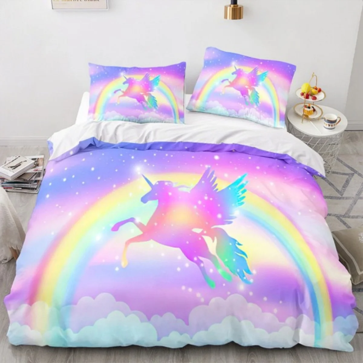 Unicorn Bedding Set Rainbow and Sunset Digital Printing Duvet Cover Set Suitable for Bedroom Angel Unicorn Silhouette Bed Linen