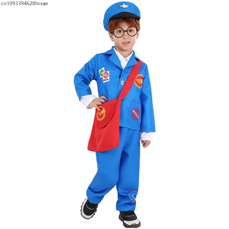 

2025 New Arrival Boy Blue Mailman Mr. Postman Halloween Costumes Full Suit Letter Carrier Costume