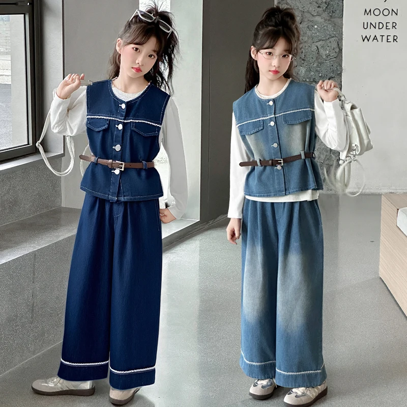 autumn teen girls cowboy clothes suit Denim vest+cotton t-shirt+Wide leg jeans+belt 4pcs junior kids pants suit child outfits 14