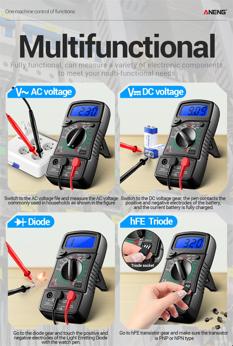 ANENG XL830L LCD-Hintergrundbeleuchtetes Multimeter 1999 Messungen 600V AC/DC Spannung DC 10A Strom Widerstand Dioden HFE Detektor mit Datenhaltefunktion – Detail 10