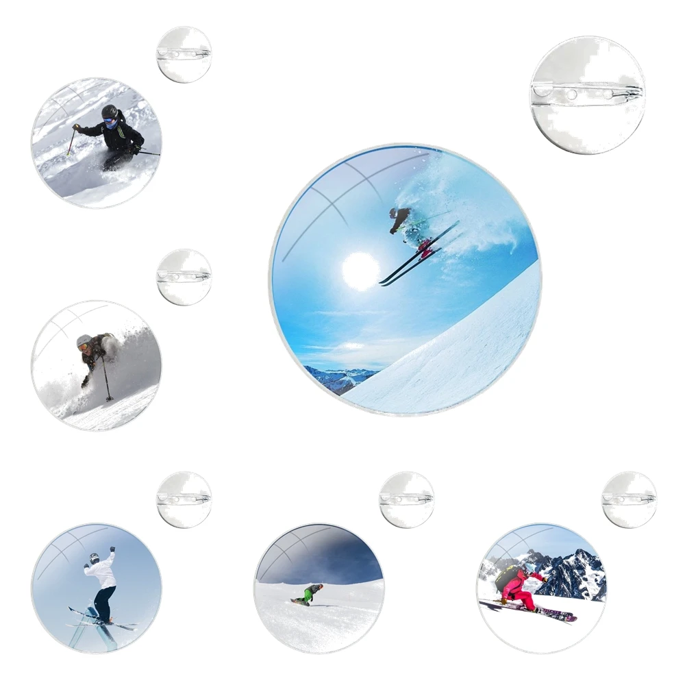 Skiing Snow Snowboard Skis Glass Dome Brooches Badge Pins For Clothes Hat Shirt Lapel Bag