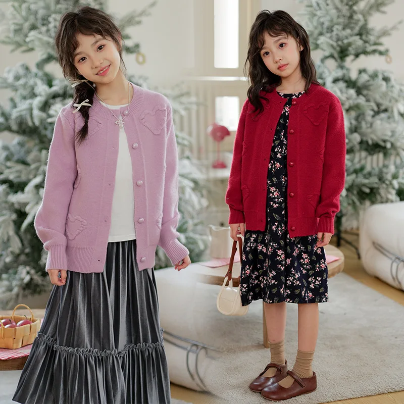 Autumn Winter Children Girl 2PCS Clothes Set School Girl Pure Color Knitted Cardigan+Floral Long Sleeve Dress Set For Girls