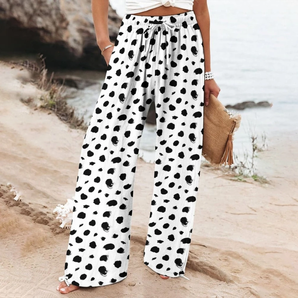 

Spotty Drawstring Pants Casual Black & White Polka Dot Trousers Comfy Boho Drawstring Wide-Leg Pants Spot Pattern Trousers