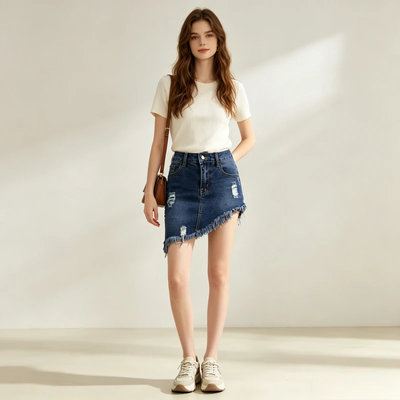

Denim Skirt Women Asymmetrical Sexy Bodycon Mini Skirts Hole Ripped High Waist Stretch Washed Vintage Streetwear Summer 2026