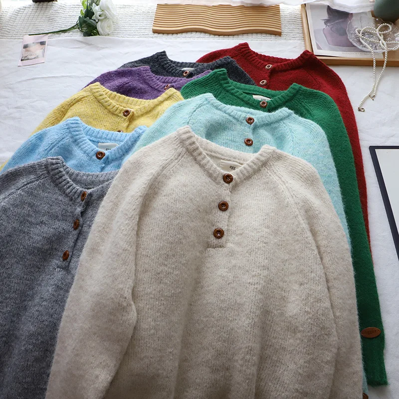 Loose Women's Knitted Sweater round Ne Tee Button Casual Sle Autumn Winter New Arrival Comfortable Long Sve Top