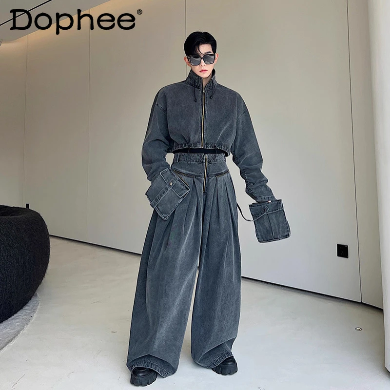 

2025 мужские осенние новые комплекты, модные ретро-американские стильные однотонные комплекты из двух предметов, куртка, широкие брюки, модные 2 шт.