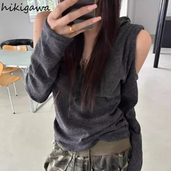 Streetwear T Shirts for Women Vintage Fashion Korean Tees 2024 Ropa Mujer Hooded Off Shoulder Camisetas Casual Y2k Tshirts Tops