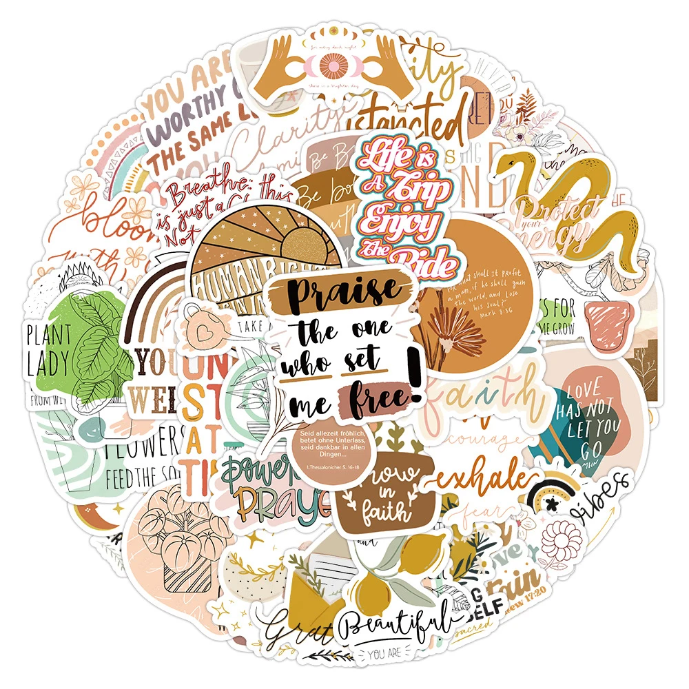 10/30/50/100pcs Bohemian Style Positive Stickers Aesthetic Motivational Phrases Life Quotes Decals Retro Decoration Sticker Pack