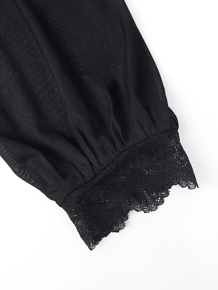 Vintage Elegante Mesh-Damenbluse Schwarze Transparente Slim-Fit Bluse mit Hohem Kragen Spitze Gothic Punk Korsett-Top Langarm Samt Mode-Blusen – Detail 4