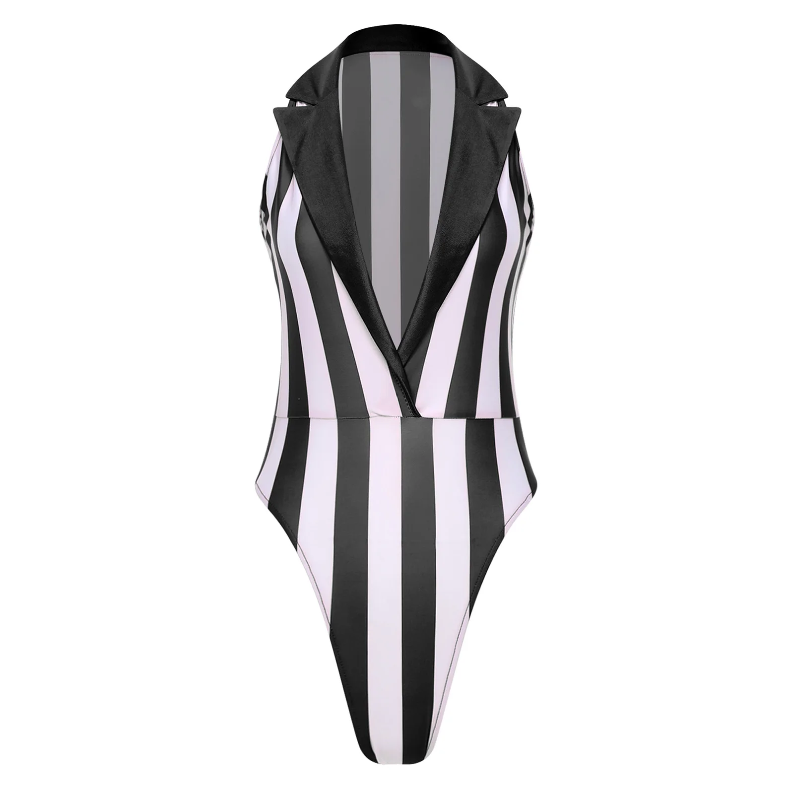 

Womens Stylish Striped Bodysuit Lapel Sleeveless Contrast Color Leotard Swimming Jumpsuit Beachwear Pool Party One-piece Suits