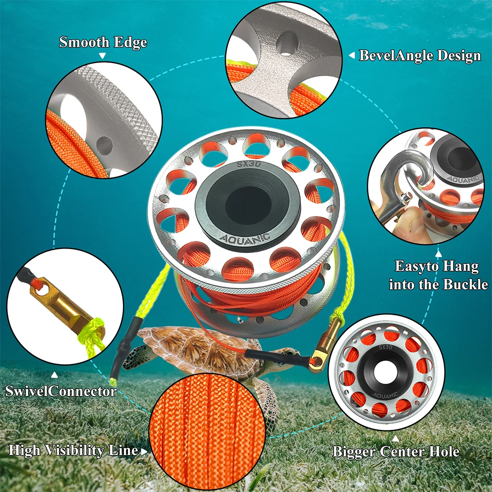 Scuba Diving Aluminum Alloy Reel Finger Reel for SMB Safe Equipment Accessory Cave Fishing 30m Nylon Line with Snap Hook