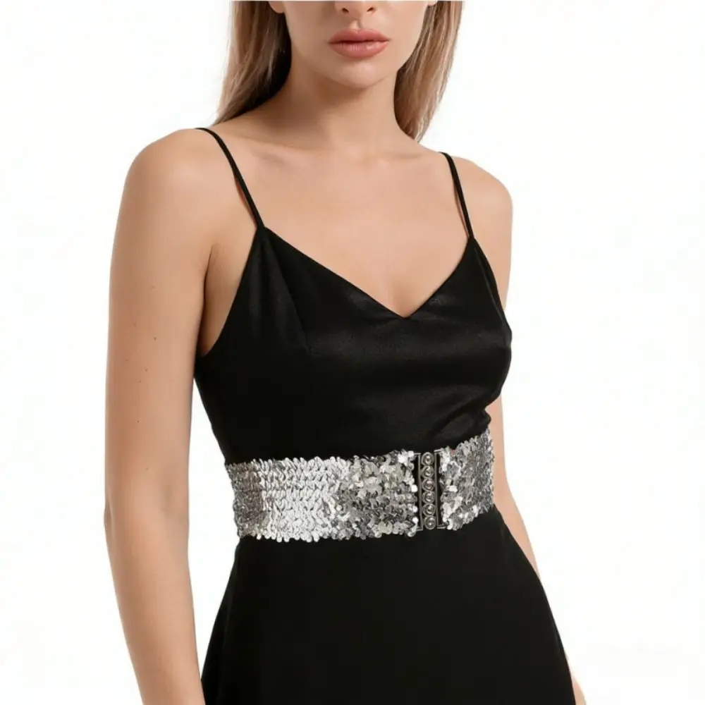 Sparkling Sequined Wide Corset Belt Metal Buckle Wide Elastic Sequin Elastic Cummerbunds Stretch Decorative Elastic Waspie Belt