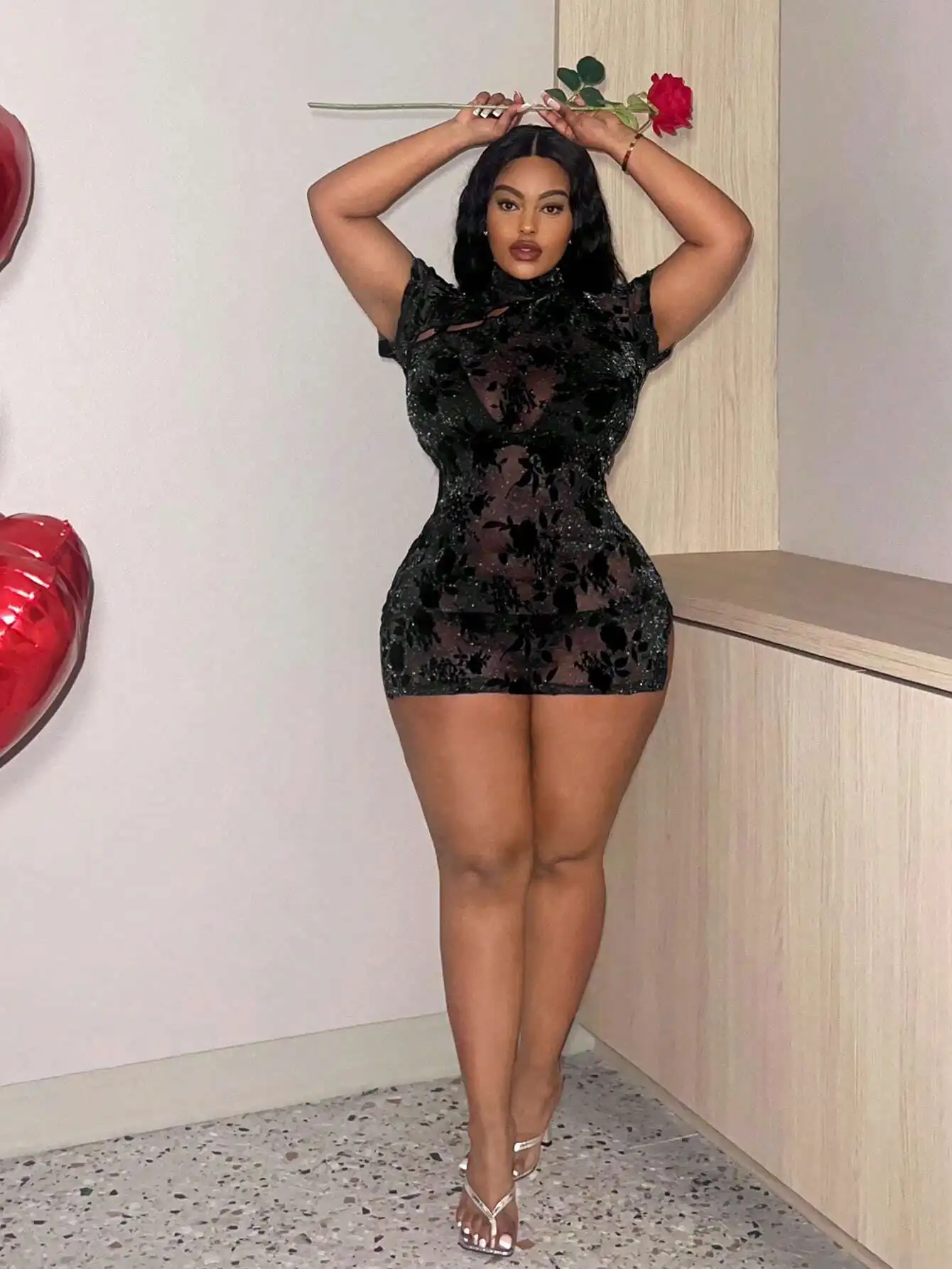 

Черное сетчатое прозрачное сексуальное платье больших размеров в китайском стиле на День святого Валентина