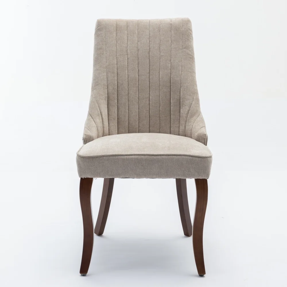 Set of 2 Beige Channel Flocked Rayon Linen Dining Chairs, Upholstered Comfy Kitchen Accent Chairs with Curved Solid Wood Legs for Dining Room Home Decor