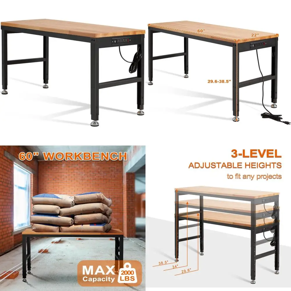 منضدة عمل جراج قابلة للتعديل مقاس 60 × 22 مع سطح خشبي مطاطي، ومنافذ طاقة، وسعة 2000 رطل، وطاولة عمل شديدة التحمل