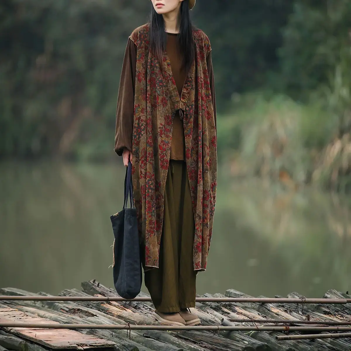 LZJN ฤดูใบไม้ผลิหลวม Retro Corduroy พิมพ์แจ๊กเก็ตจีน Zen สไตล์, การปิดกั้นสี Long Trench Coat สําหรับ Plus ขนาด