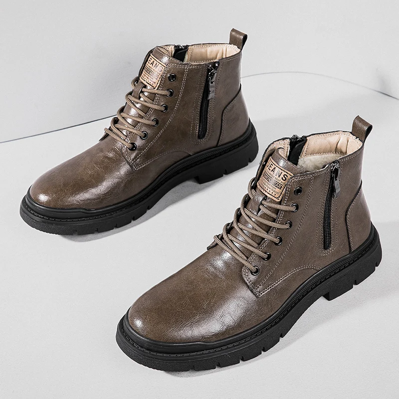 أحذية كاجوال شتوية للرجال، أحذية جلدية بنية، متعددة الوظائف مضادة للانزلاق، مقاومة للاهتراء، دافئة في الهواء الطلق، أحذية تشيلسي الرجعية #6