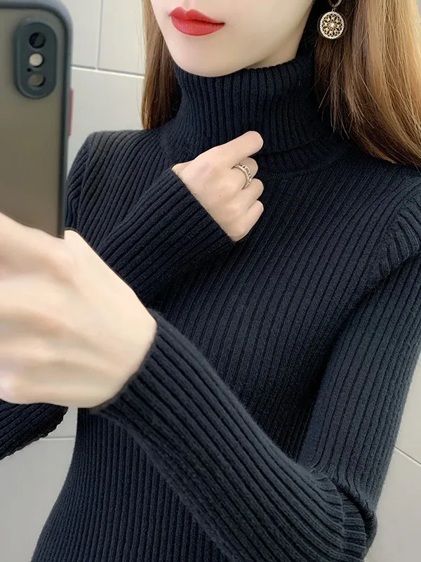 

Thiened Long Sve вязаный свитер с высоким воротником, женский модный облегающий теплый базовый свитер, осень-зима, новый верхний свитер