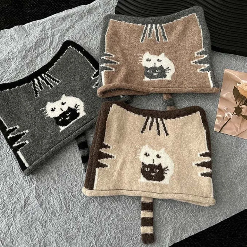 Sweet Kawaii Cute Cat Beanie Thick Animal Pattern Winter Painter Cap Tail Decor Small Look Lovely Ears Bonnet Women