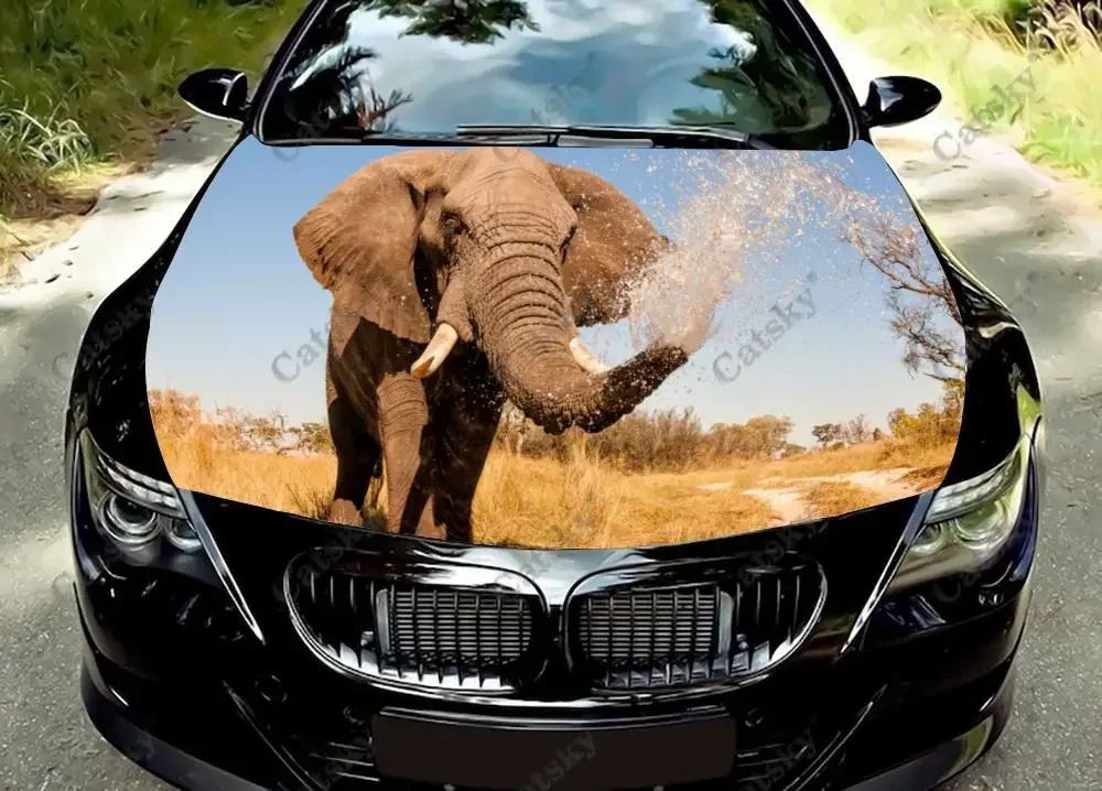 Elephants Spraying Water Car Hood Sticker Self-adhesive Universal Auto Accessories Film Modified Hood Protect Decal Decoration