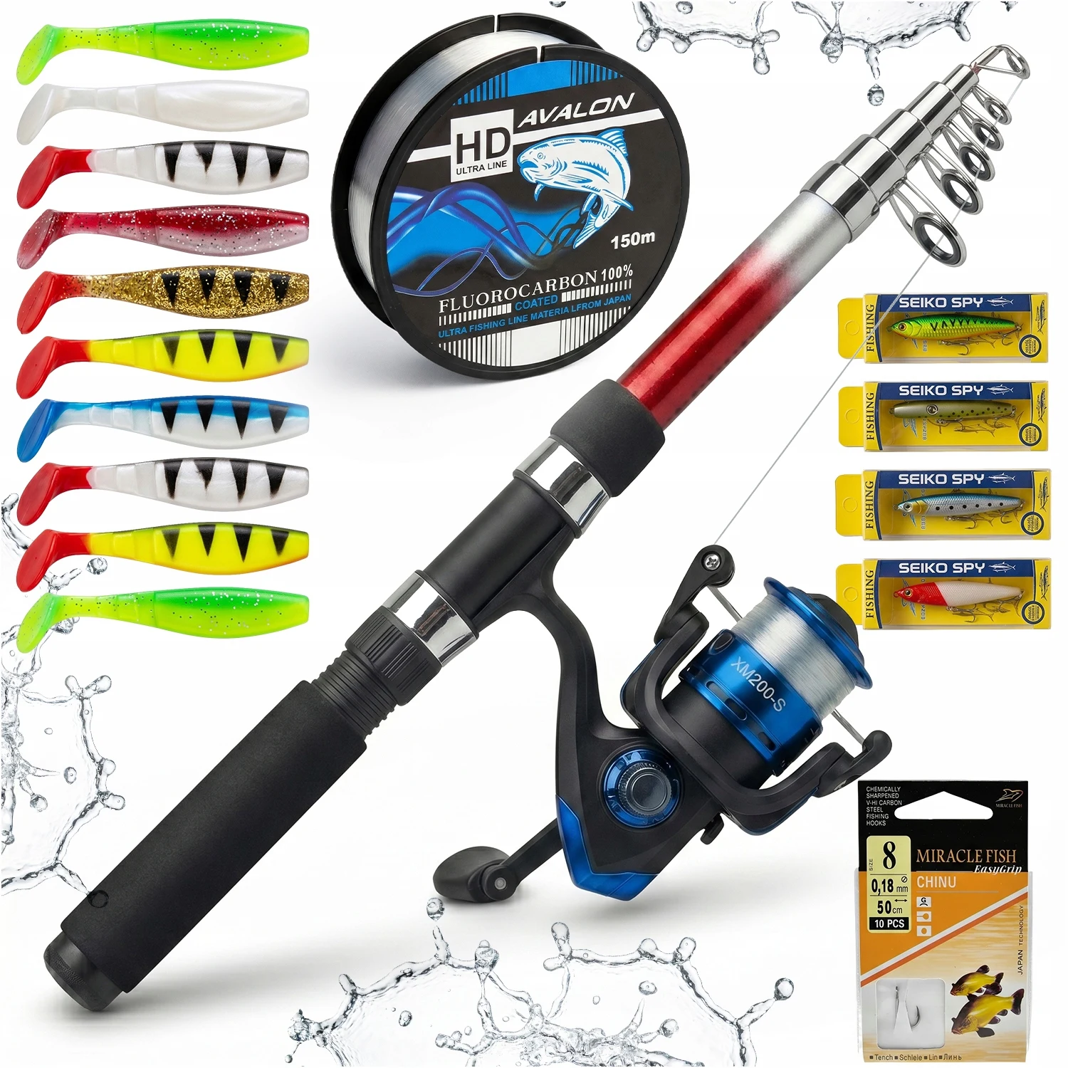 Kompletny zestaw wędkarski: wędka teleskopowa 2,7 m, kołowrotek spinningowy z żyłką, gumowe przynęty typu ripper shad 10 cm, żyłka fluorocarbonowa, haczyki, wobblery, gotowy zestaw wędkarski dla