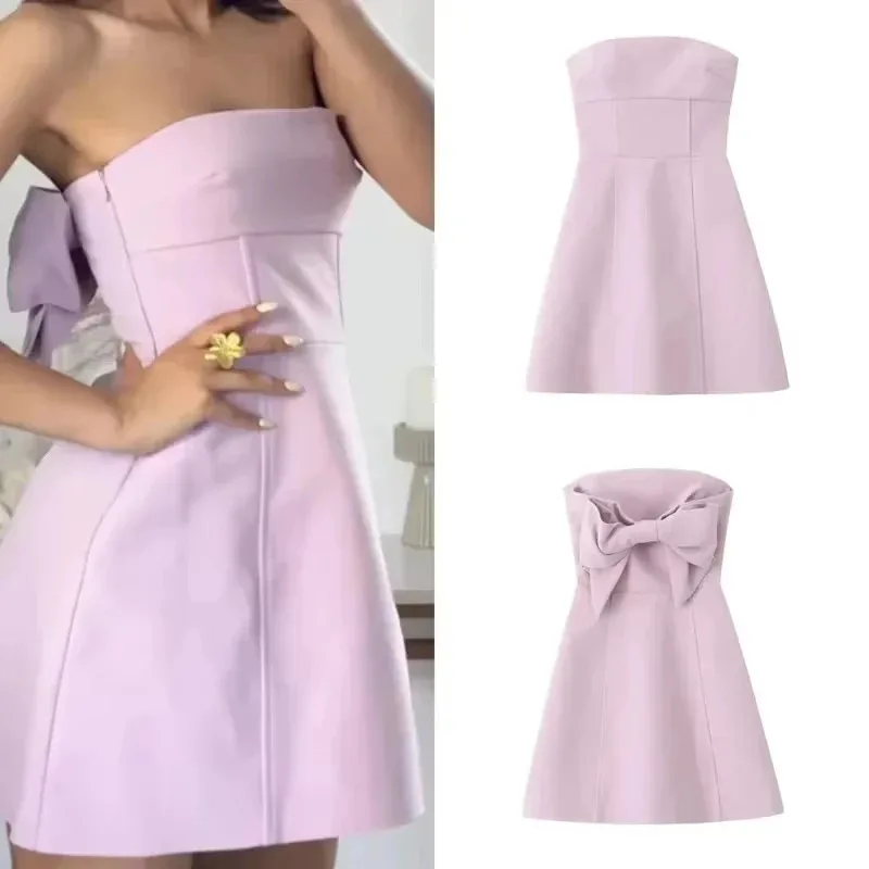 Sexy Chic Pink Women Dress Strapless Bow A-Line Mini Dress New Fashion 2025 Autumn Hotsweet Party Dress
