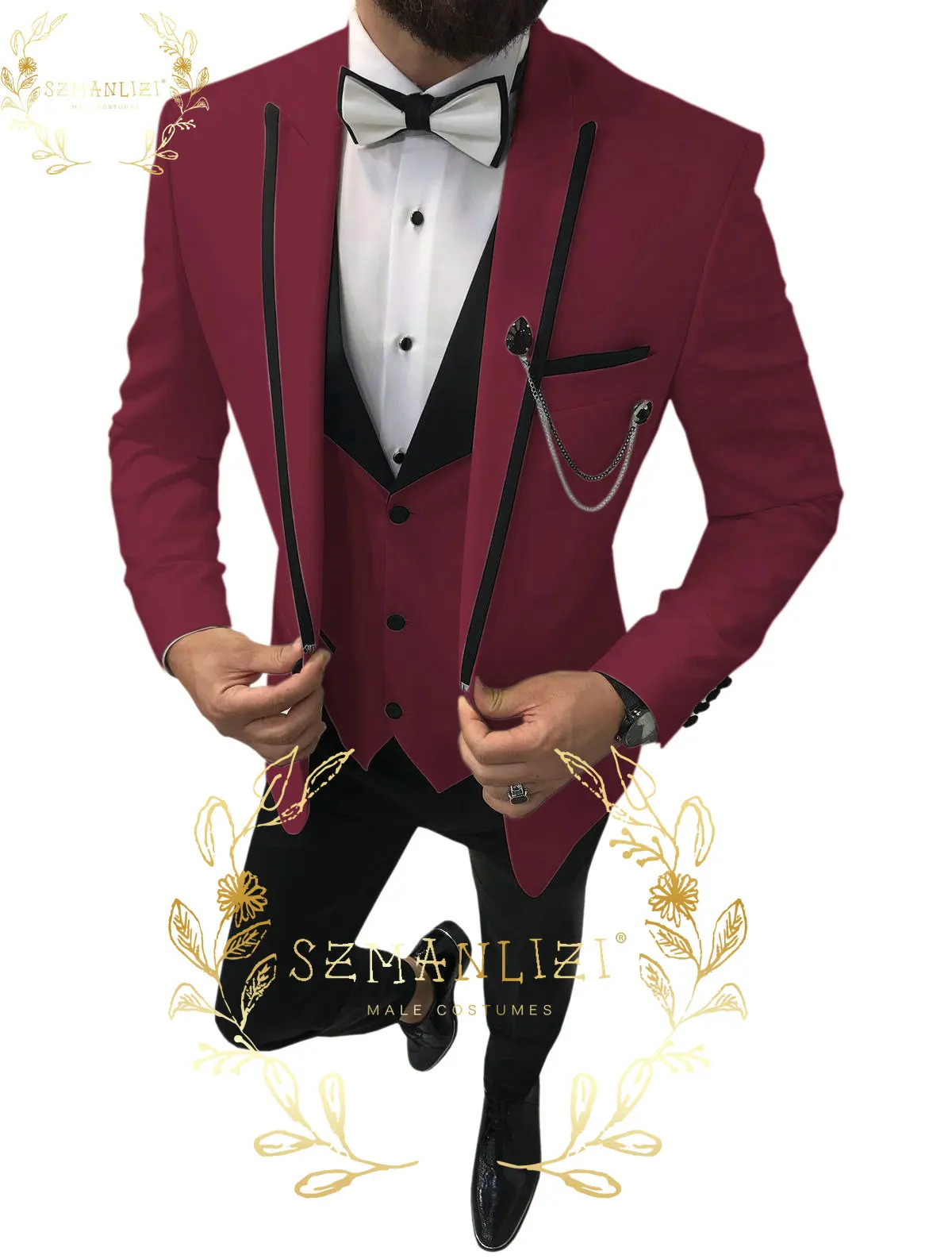 

2022 Customize Slim 3 Pieces Peak Lapel Groom Tuxedos Burgundy Formal Men Wedding Suits Prom Best Man Blazer (Jacket+Pants+Vest)