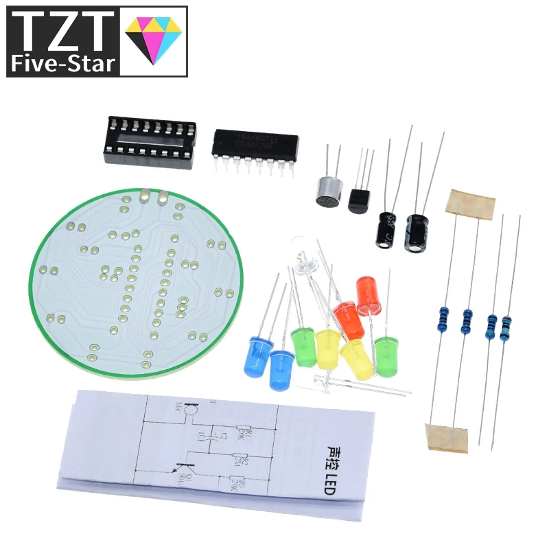 TZT 다채로운 음성 제어 회전 LED 조명 키트, 전자 제조 DIY 키트, 예비 부품, 학생 실험실, CD4017