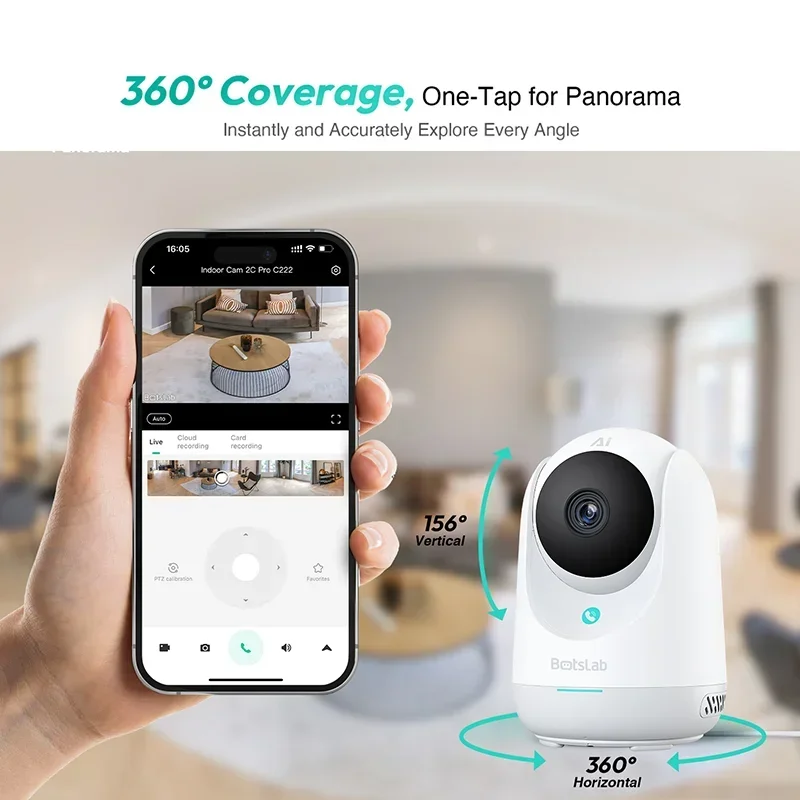 Botslab 3K 5MP Wifi 360 ° Câmera de segurança inteligente AI Detecção humana e rastreamento Detecção de choro Câmera bidirecional de visão noturna para bebês