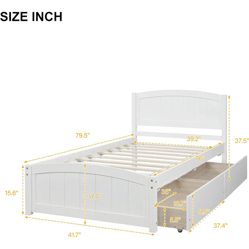 Wooden Bedstead Headboard and Tailboard Under 2 Drawers, No Spring Mattress, Wooden Batten Support, Flat Noodles Base, White