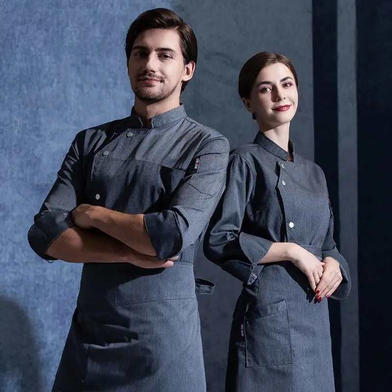 Abrigo de Chef negro para hombre y mujer, delantal de manga larga, chaqueta de Chef para verano, uniforme de Chef para restaurante, Hotel, ropa de cocina