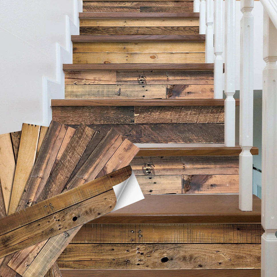 Wooden Vintage Grain Stairway Vinyl Floor Door Sticker Adhesive DIY Waterproof Staircase Wallpaper For Stairs Decal Home Decor