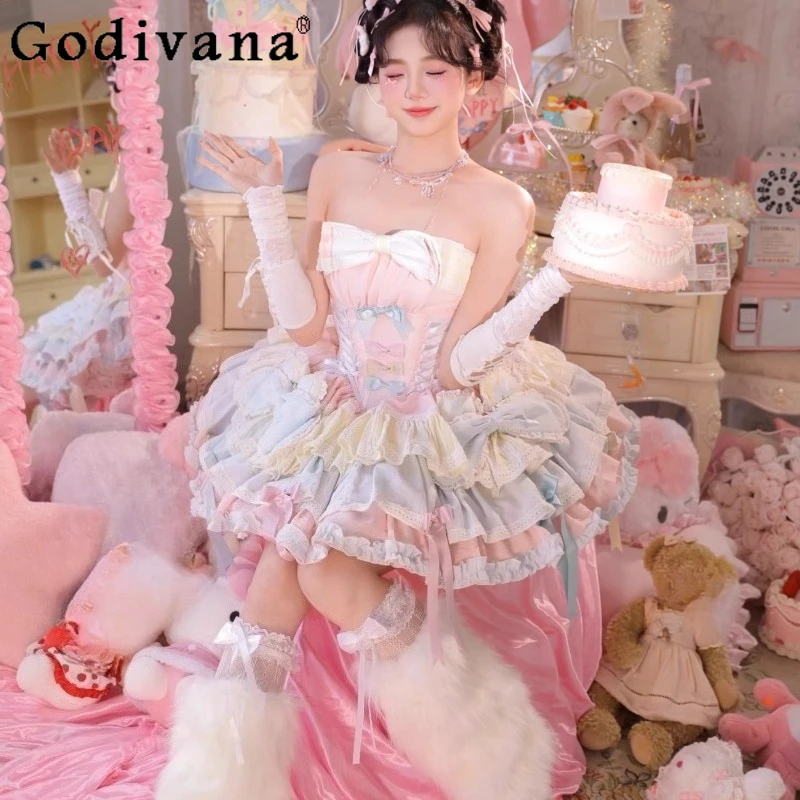 

Girl's Birthday Party Y2K Mini Dresses 2025 New Women's Slim Fit Tube Top Big Bow Lolita Ball Gown Dress Princess Style Dress