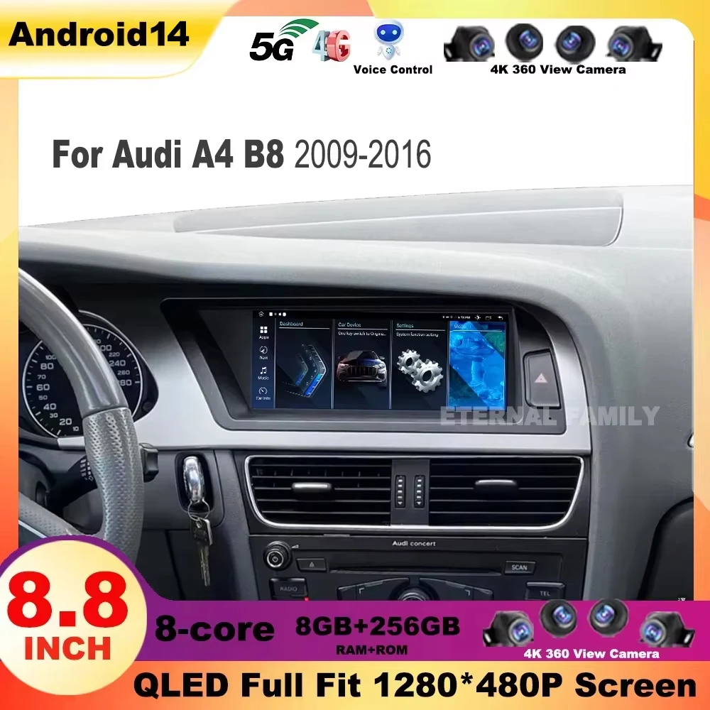 

8.8 inch Android 14 For Audi A4 B8 2009-2016 Carplay 4G GPS Car Radio Player Multimedia Auto Stereo RDS Navigation No 2din DVD
